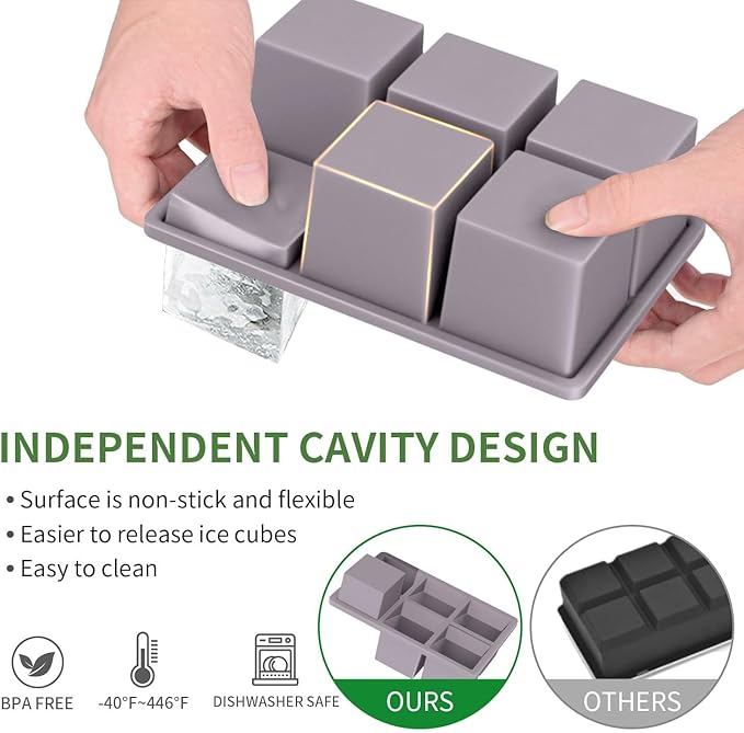 Large Ice Cube Tray for Whiskey: FDDBI Big Square Ice Cube Maker for Cocktail - 3Pack Silicone Old Fashioned Ice Cube Trays - 2inch Huge Cubed Ice Trays for Whisky