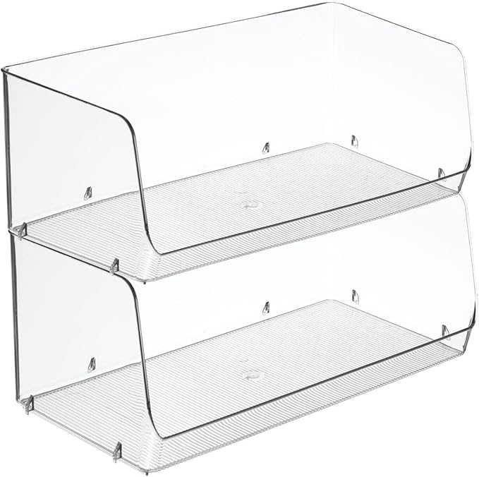 mDesign Modern Stackable Plastic Open Front Dip Extra Large Storage Organizer Bin Basket for Kitchen Organization, Shelf, Cubby, Cabinet, and Pantry Organizing Decor, Ligne Collection - 2 Pack - Clear
