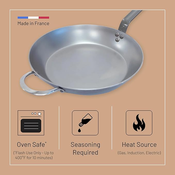 De Buyer MINERAL B Carbon Steel Fry Pan - 12.25” Diameter, 9” Cooking Surface - Ideal for Searing, Sauteing & Reheating - PFAS, PFOA & PFOS Free - Made in France