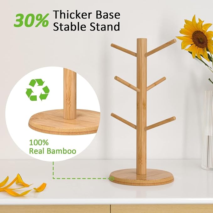Wisuce Bamboo Coffee Mug Holder Tree, Thicker Base Coffee Cup Holder Stand for Counter, Mug Rack with 6 Hooks (Natural)