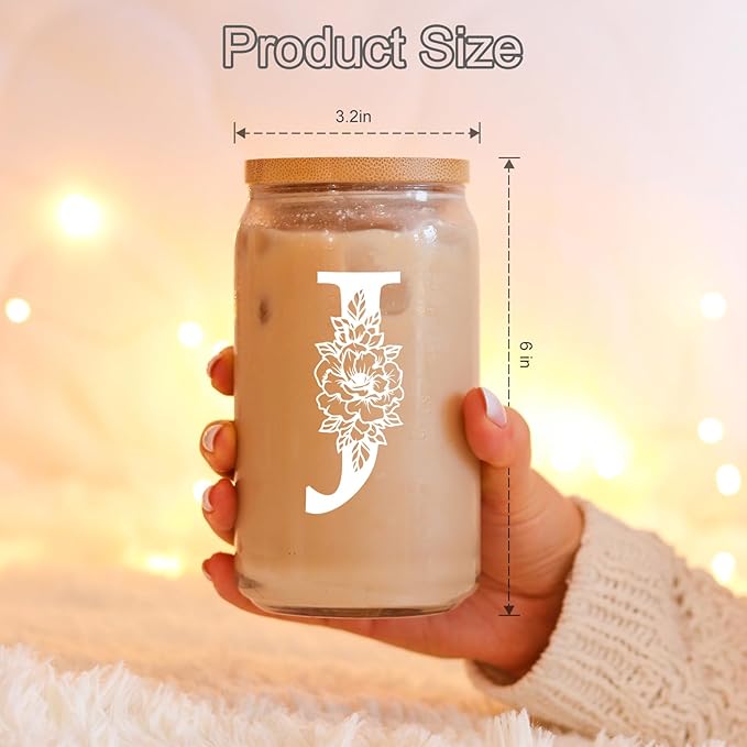 Coolife Initial Glass Cup, Monogrammed Gifts for Women, 16 oz Glass Cups w/Lids Straws, Iced Coffee Smoothie Beer Tumbler w/Straw Lid - Personalized Christmas, Birthday Gifts for Her Mom Friend Woman