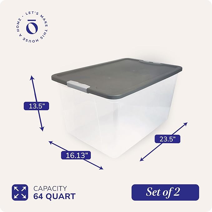 HOMZ 2-Pack Secure Latch, Clear Plastic Storage Organizer Bins, 64 Quart, Gray Lid - Heavy-Duty Container Boxes with Lids for Home, Office, and Garage
