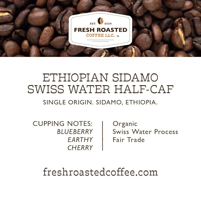 Fresh Roasted Coffee, Organic Ethiopian Sidamo Water-Processed Half-Caf | USDA Organic, 100% Single Origin, Kosher | Medium Roast 2 lb (32 oz) Whole Bean