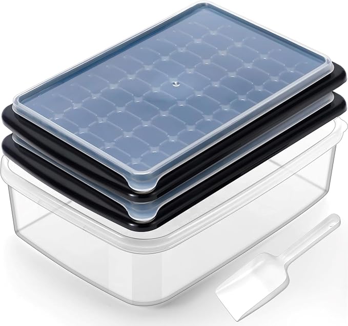 Ice Cube Trays with Lid and Bin for Freezer, Black Easy Release 55 Mini Nugget Ice Tray 2 pack and Bucket for Mini Freezer. Perfect Small Ice for Iced Coffee Cocktails and Ice Crushers, BPA Free.