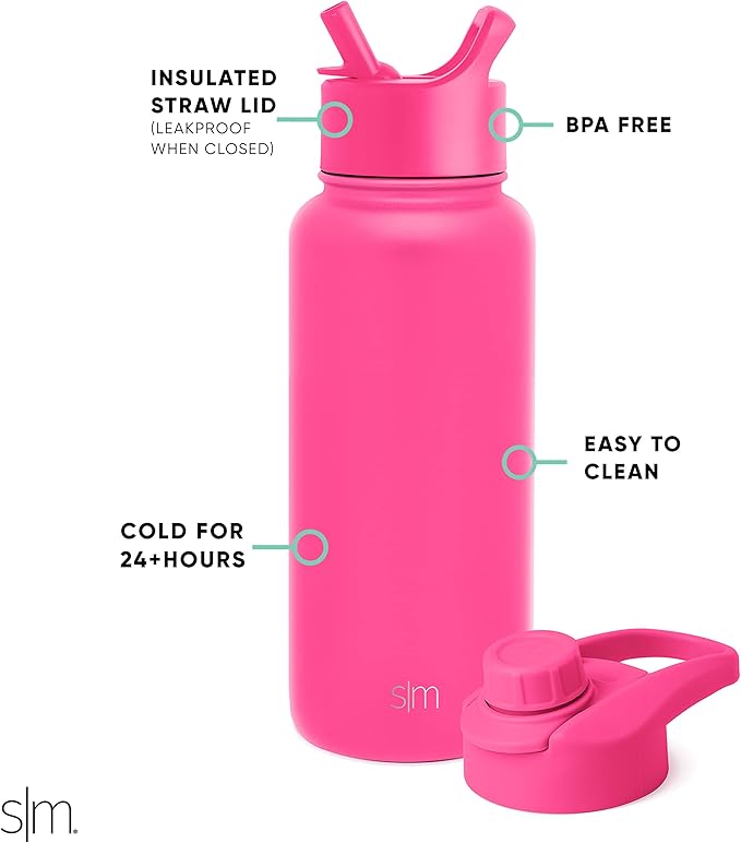 Simple Modern Water Bottle with Straw and Chug Lid Vacuum Insulated Stainless Steel Metal Thermos | Reusable Leak Proof BPA-Free Flask for Sports | Summit Collection | 32oz, Raspberry Vibes