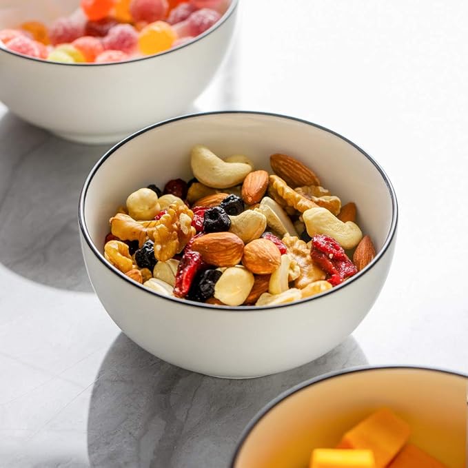 YOLIFE 26 Ounce Cereal Bowls, Ceramic Soup Bowls Set of 6, 6 inch White Salad Bowl for Breakfast, Oatmeal, Rice, Pasta, Dishwasher Microwave Oven Safe(Black Trim)