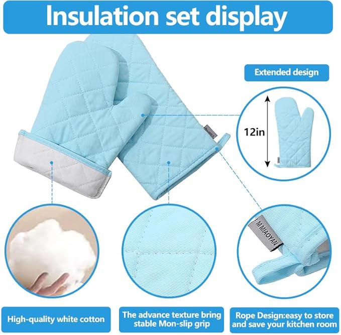 Oven Mitts and Pot Holders 4 pcs Set,High Heat Resistant 500 Degree Extra Thicken Long Kitchen Cotton Oven Glove for Cooking (12 Inch,Light Blue)
