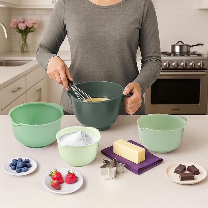 Glad Mixing Bowls with Pour Spout, Set of 4 - Nesting Plastic Bowls (1.2qt, 1.9qt, 2.8qt, and 3qt with Handle) - Non Slip Base, Dishwasher Safe Kitchen Cooking and Baking Supplies, Green