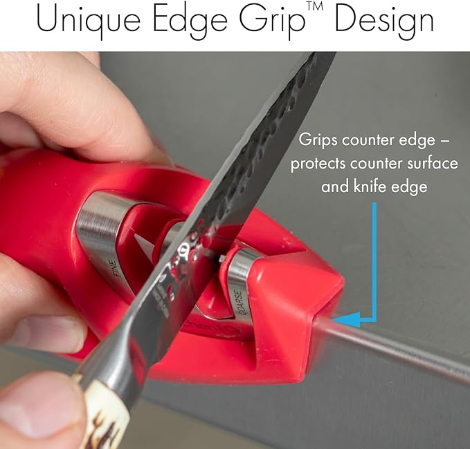 KitchenIQ 51421 | Edge Grip 2-Stage Knife Sharpener | Red – 3 Pack | Coarse & Fine Sharpener | Compact for Easy Storage | Stable Non-Slip Base | Soft Grip Rubber Handle | Straight & Serrated Knives