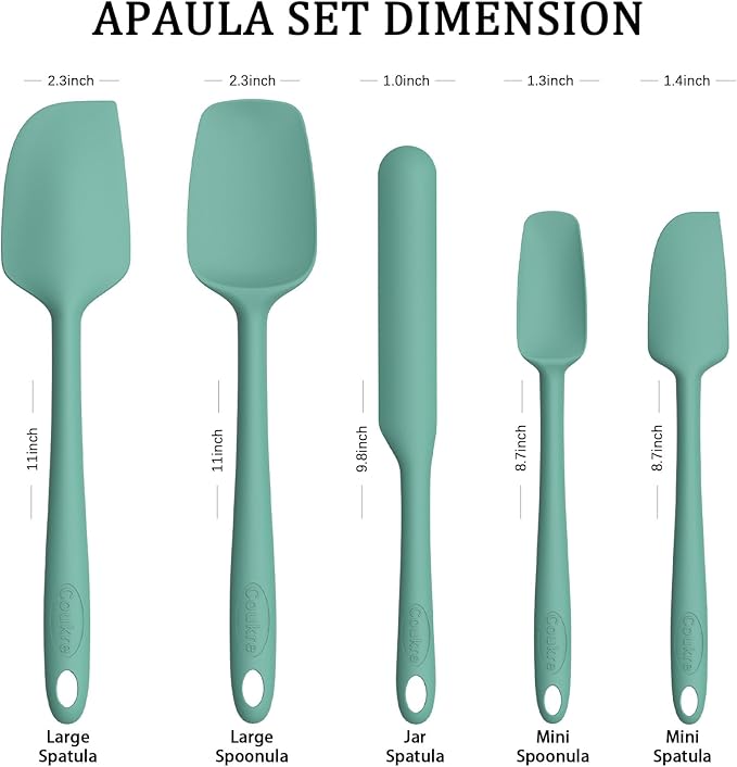 Coukre Silicone Spatula Set of 5,High Temperature Resistant, Food Grade Silicone, Dishwasher Safe, for Baking, Cooking (Pure Aqua Green)