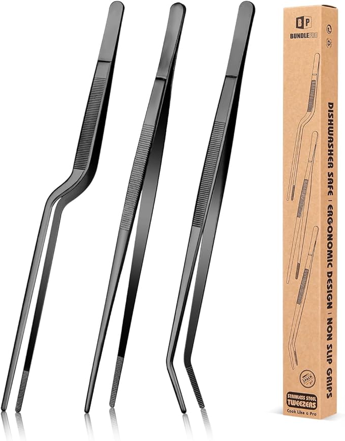 Fine Cooking Tweezers Set, Professional Stainless Steel Food Tongs, Kitchen Black Long Chef Tweezer for Cooking, Plating, Decorating and BBQ (BLACK, 12 inch)