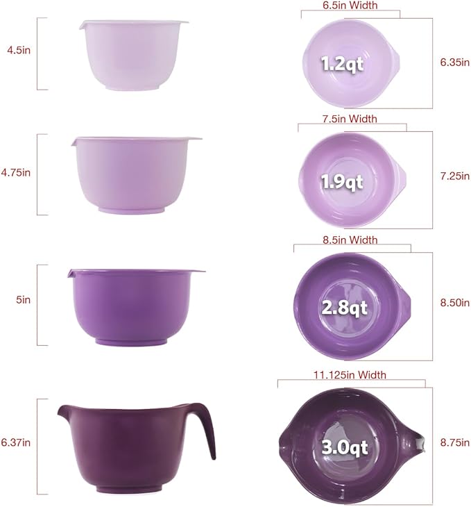 Glad Mixing Bowls with Pour Spout, Set of 4 - Nesting Plastic Bowls (1.2qt, 1.9qt, 2.8qt, and 3qt with Handle) - Non Slip Base, Dishwasher Safe Kitchen Cooking and Baking Supplies, Purple