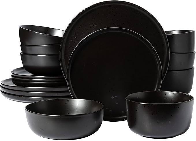 Gibson Elite James Street Stoneware Matte Reactive Double Bowl Dinnerware Set - Pepper Black, Service for 4 (16pcs)