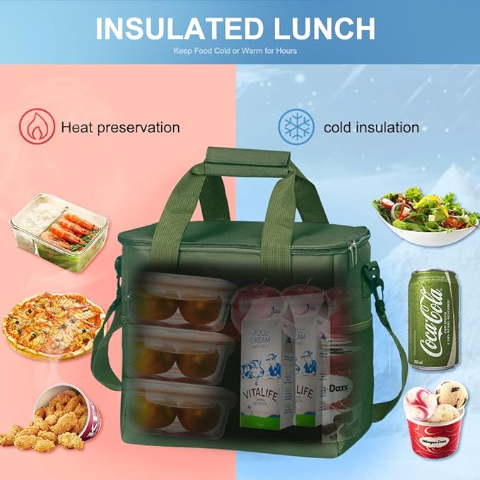 Iknoe Large Cooler Bag Collapsible 24 Can Insulated Bags Leakproof Lunch Cooler Tote with Multi-Pockets for Adult Insulated Thermal Bag for Beach, Picnic, Office Work(Military Green)