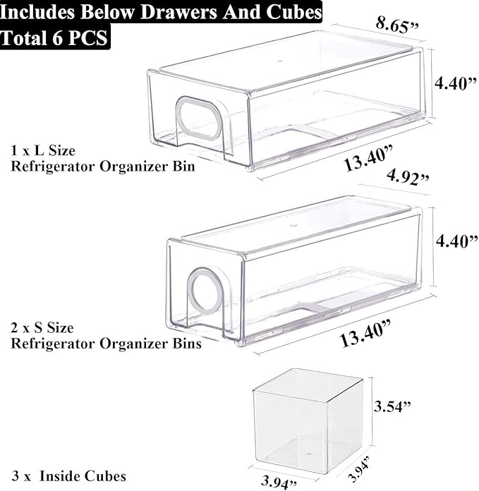 6 PCS Refrigerator Organizers And Storage Stackable Storage Drawers, Large Heavy Duty Fridge Organizer Bins Pull Out Refrigerator Organizer Bins, White Handle, 3 Drawers And 3 Small Cubes