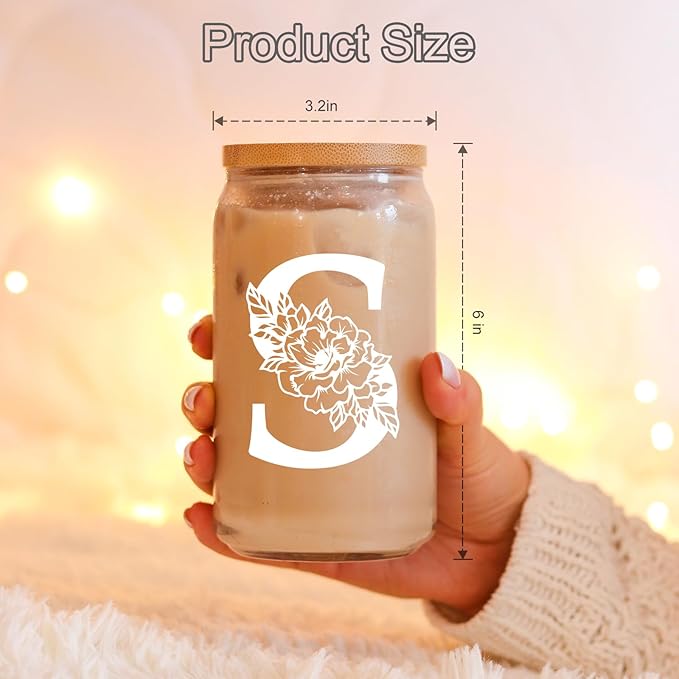 Coolife Initial Glass Cup, Monogrammed Gifts for Women, 16 oz Glass Cups w/Lids Straws, Iced Coffee Smoothie Beer Tumbler w/Straw Lid - Personalized Christmas, Birthday Gifts for Her Mom Friend Woman