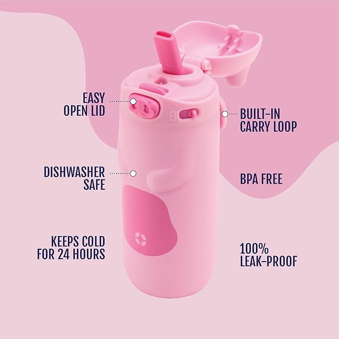 Ello Ellies 12oz Vacuum Insulated Stainless Steel Kids Water Bottle with Straw and Built-in Carrying Handle and Leak-Proof Locking Lid for School Backpack, Lunchbox and Outdoor Sports, Pig