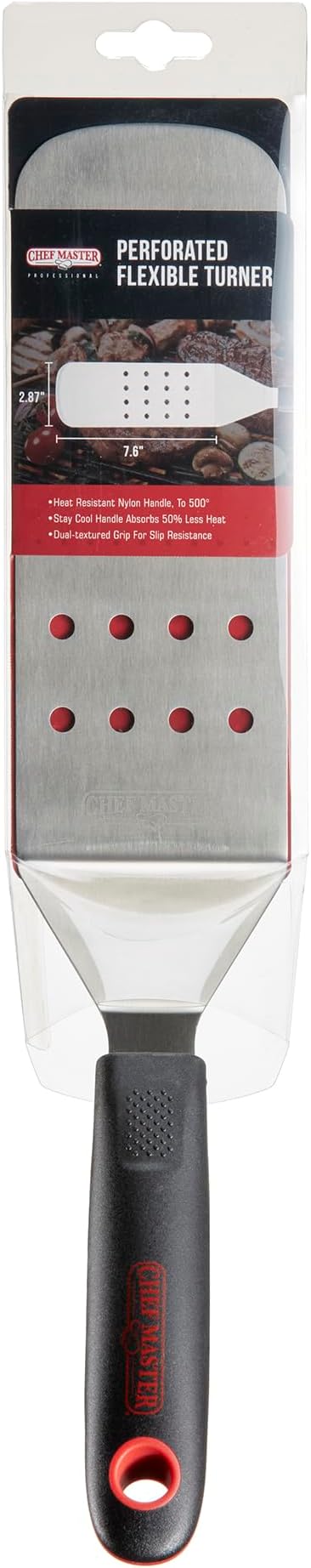 Chef Master 90285 High Heat Perforated Flexible Turner Spatula, 7.6" x 2.87" Blade | Heat Resistant Handle | Slip Resistant Grip | Dishwasher Safe