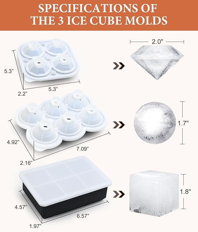 Dclobtop Ice Cube Trays, Silicone Ice Cube Molds for Freezer with Lid (Set of 3), 6 Ball Ice Cube Tray, 4 Diamond & 21-Ice Trays, Reusable Whiskey Ice Mold, DIY, BPA Free, Freezer