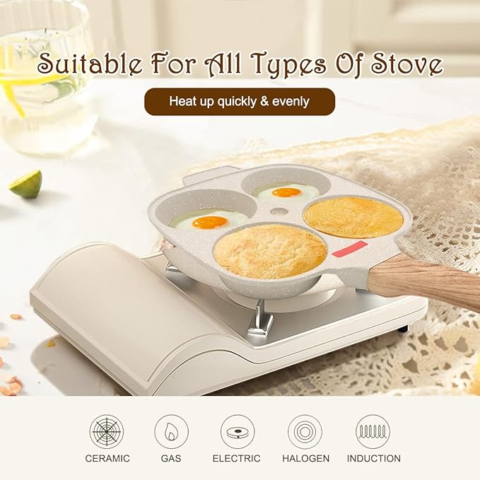 Egg Pan Fried Egg Pan, Egg Frying Pan with Lid Nonstick 4 Cups Pancake Pan Aluminium Alloy Cooker for Breakfast, Gas Stove & Induction Compatible (White)