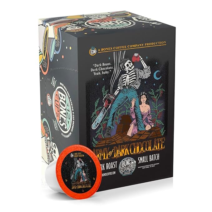 Bones Coffee Company Army of Dark Chocolate Flavored Coffee Pods, Low Acid Dark Roast Single-Serve Bones Cups, Compatible with 1.0 & 2.0 K-Cups Brewers Coffee Maker, 12 Count