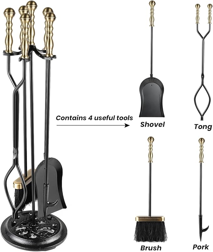 5 Pieces Fireplace Tools Sets Wrought Iron Firewood Kit with Handle Durable Tool Set and Holder for Fire Pit Stand Indoor Tong Shovel Poker Brush Firewood Accessories (Brass)