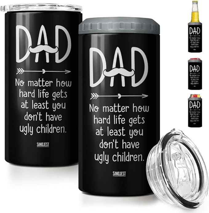 SANDJEST 4-in-1 Dad Tumbler Gifts for Dad from Daughter Son - 12oz Funny Ugly Children Dad Can Cooler Tumblers Travel Mug Cup - Insulated Cans Coozie Travel Mug Christmas, Birthday, Father's Day Gift