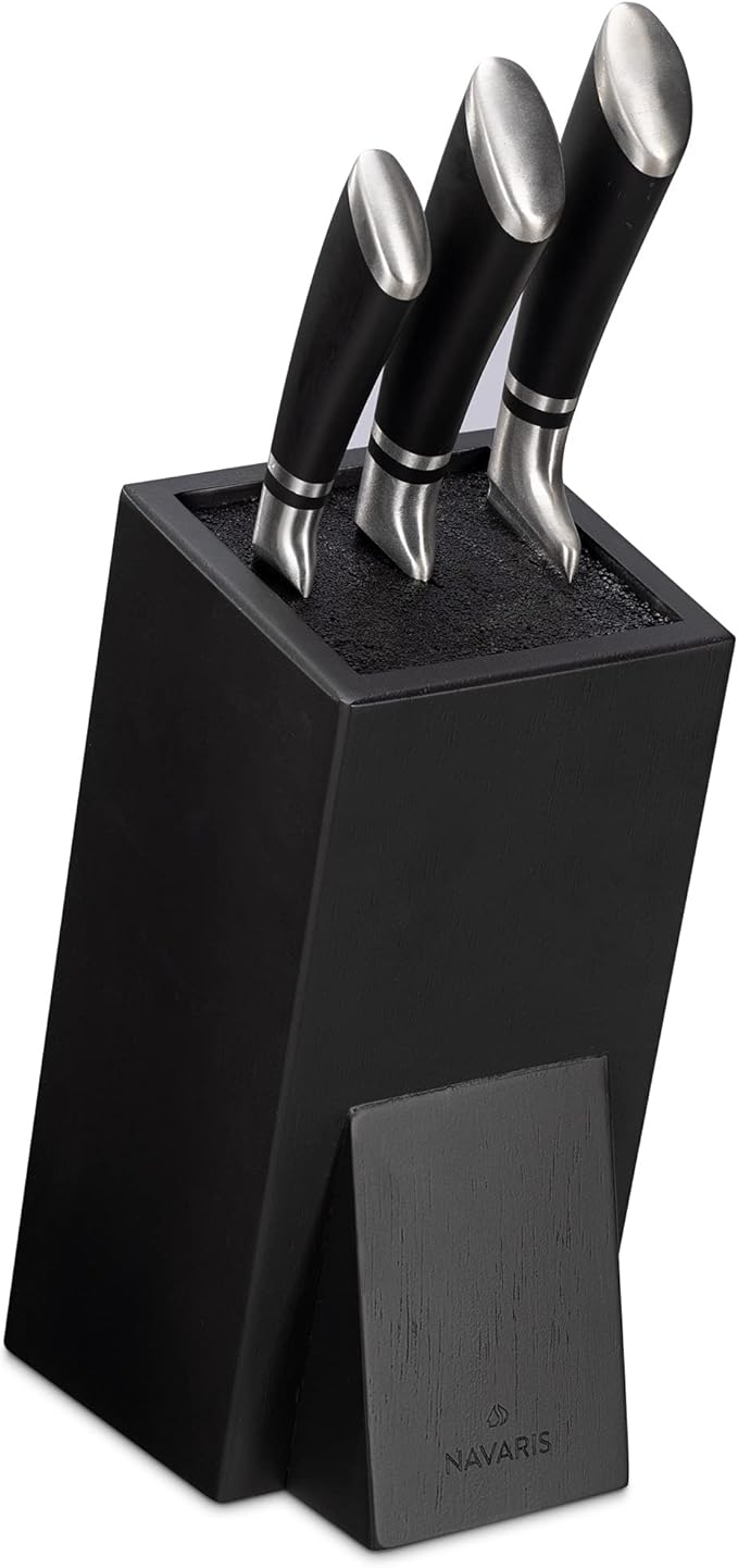 Navaris Universal Knife Block Holder - Rubber Wood Stand with Bristles to Fit Different Sizes of Knives - Angled Design, 9.8" x 5.9" x 4.1’" - Black