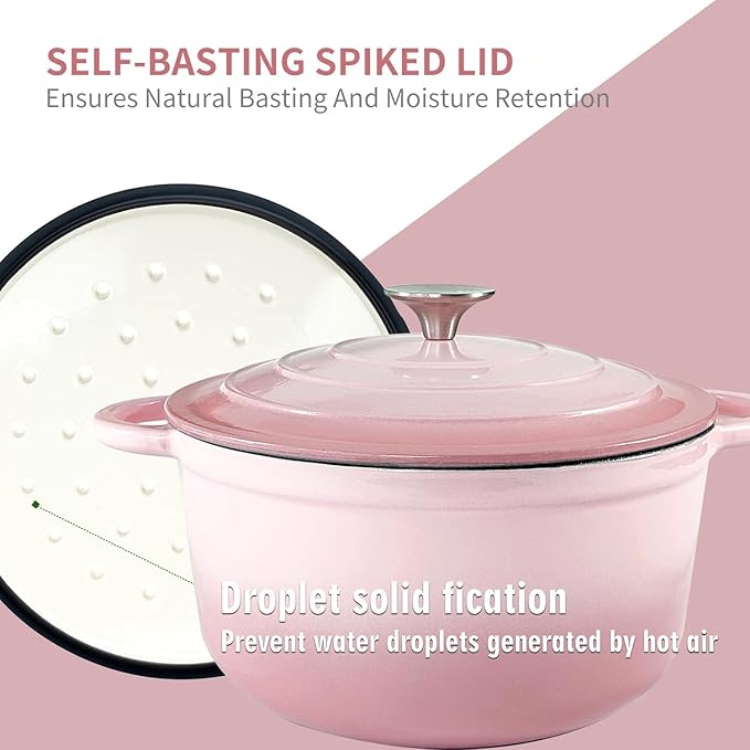 Dutch Oven,Cast Iron Dutch Ovens,Dutch Oven Pot with Lid,3 QT Enamel Dutch Pot,Dutch Ovens with Dual Handles,Cast Iron Pot for Braiser,Cooking,Gifts for Family,Pink
