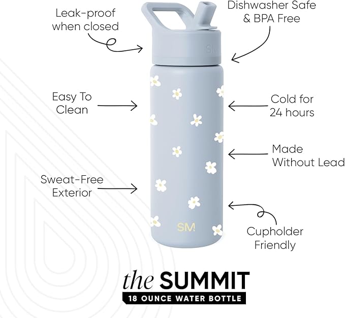 Simple Modern Kids Water Bottle with Straw Lid | Vacuum Insulated Stainless Steel Metal | Reusable Leak Proof BPA-Free Thermos for School | Summit Collection | 18oz, Sweet Daisy on Blue