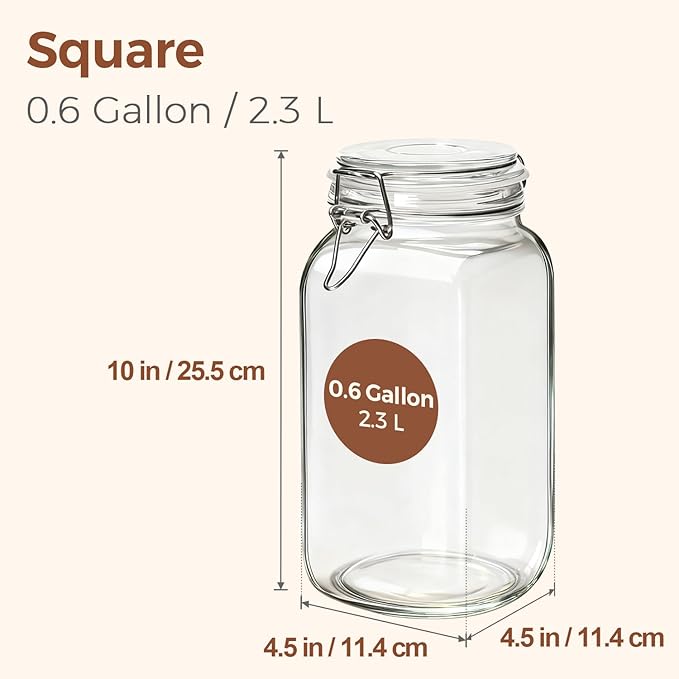 ComSaf Airtight Glass Jars with Lids 78oz Set of 3, Food Storage Canister Square - Storage Container with Clear Preserving Seal Wire Clip Fastening for Kitchen Canning Flour, Cereal, Pasta, Beans