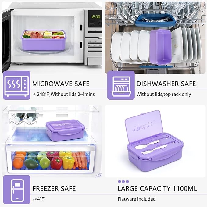 LOVINA Bento Boxes for Adults - 1100 ML Bento Lunch Box Container For Kids With Spoon & Fork - Durable Perfect Size for On-the-Go Meal, BPA-Free and Food-Safe Materials(Purple)