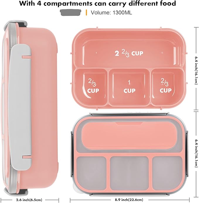 Bento Box Kids, 1300ML Adult Lunch Box with 4 Compartment & Food Picks & Cake Cups, Leak-Proof, Microwave/Dishwasher/Freezer Safe (Pink)