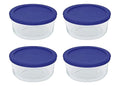 Pyrex Storage 4 Cup Round Dish, Clear with Blue Lid - Original Genuine Pyrex - Pack of 4 Containers