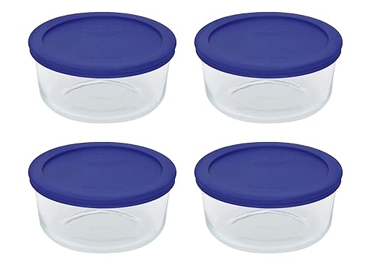 Pyrex Storage 4 Cup Round Dish, Clear with Blue Lid - Original Genuine Pyrex - Pack of 4 Containers