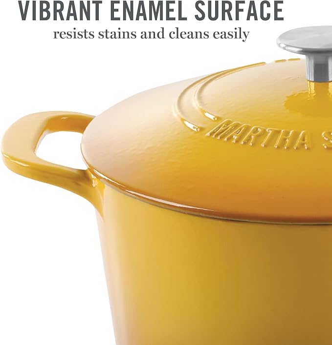 MARTHA STEWART Gatwick 7-Quart Enamel Cast Iron Dutch Oven Pot with Lid – Yellow – Heavy-Duty Dutch Oven for Slow Cooking, Braising & Baking