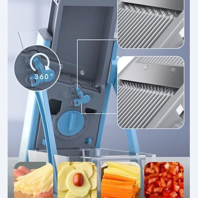 New Upgrade Safe Mandoline Slicer Plus, Biger Size, Adjustable Vegetable Food Chopper Potato Fries Cutter, Detachable Blade, Kitchen Chopping Artifact with Container. Blue
