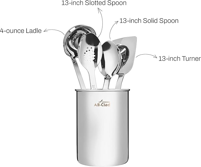 All-Clad 5-Piece Stainless Steel Kitchen Utensil Set – Includes Ladle, Solid Spoon, Slotted Spoon, Turner & Storage Caddy – Heavy-Gauge, Ergonomic, Dishwasher Safe, Silver