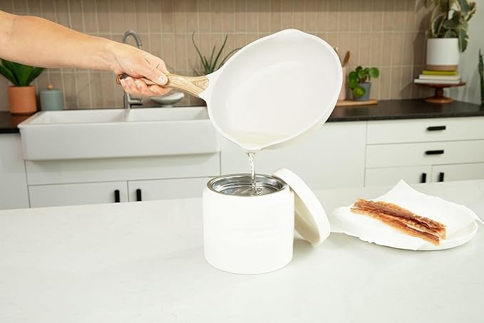 Ceramic Grease Container Keeper with Metal Stainless Steel Strainer and Lip for Easy Pour (Ivory)
