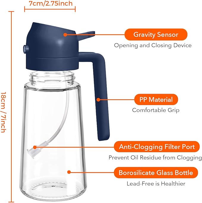 YARRAMATE 16oz/470ml Glass Olive Oil Sprayer for Cooking with Stickers, 2 in 1 Oil Dispenser for Kitchen Gadgets, Food Grade Premium Spray Bottle with Portion Control for Salad, BBQ (Navy)