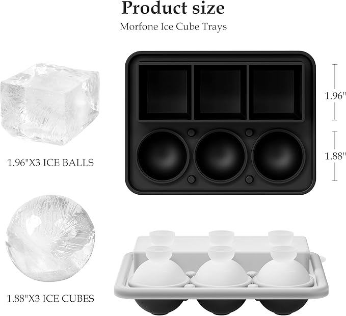 Ice Cube Trays 2 Pack, Morfone Silicone Round Ice Ball Molds& Square Large Ice Molds Combo with Lids, Funnel Design Easy-Release Reusable Ice Ball Maker for Whiskey, Cocktail, Bourbon, Homemade Drinks