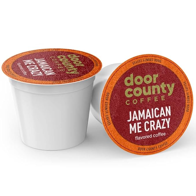 Door County Coffee Jamaican Me Crazy® Flavored Ground - 10 Count Single Serve Cups - Medium Roast - 100% Specialty Arabica - Flavored Gourmet - Rum & Vanilla Flavored