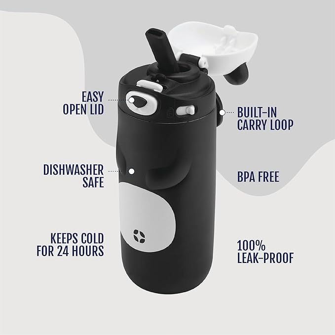 Ello Ellies 12oz Vacuum Insulated Stainless Steel Kids Water Bottle with Straw and Built-in Carrying Handle and Leak-Proof Locking Lid for School Backpack, Lunchbox and Outdoor Sports, Panda
