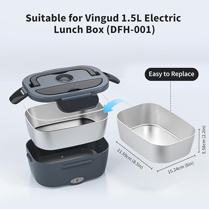 Vingud 1.5L Replacement Stainless Steel Container Electric Lunch Box (Model: DFH-001), Food Container, Eco Safe & Healthy, Dishwasher Safe