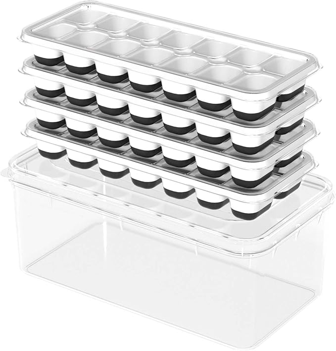 DclobTop Ice Cube Trays with Lid and Bin, Ice Trays for Freezer - Easy to Release Silicone Mold, Stackable Reusable Plastic Molds for Cocktails, Whiskey, Drinks and Iced Coffee, BPA-Free