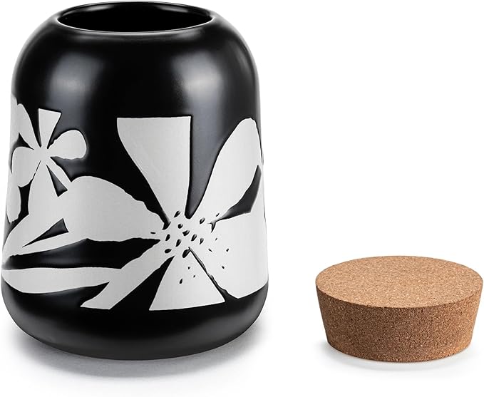 DEMDACO Bold Floral Medium Cork Lid Trendy Storage Black 4.5 x 6.5 Stoneware Canister Container