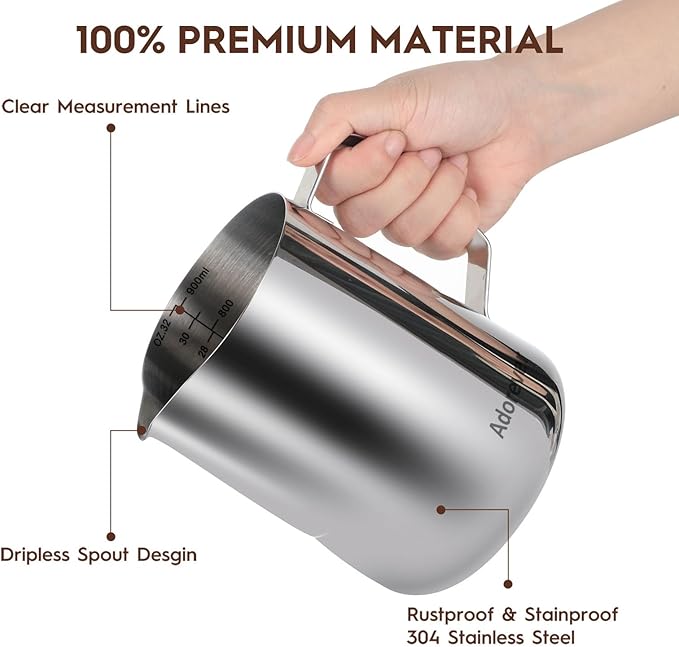 Milk Frothing Pitcher, 32oz Steaming Pitcher Stainless Steel Espresso Machine Accessories for Coffee Bar, Cappuccino Barista Tools Milk Jug Steamer Frother Cup with Decorating Latte Art Pen