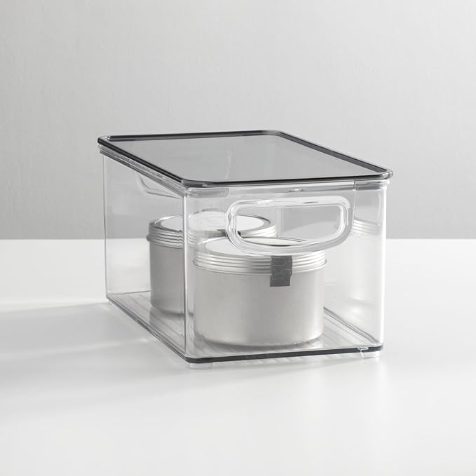 mDesign Plastic Deep Storage Bin Box Container with Lid and Built-In Handles - Organization for Fruit, Snacks, or Food in Kitchen Pantry, Cabinet, Cupboard, Ligne Collection, 2 Pack, Clear/Smoke Gray