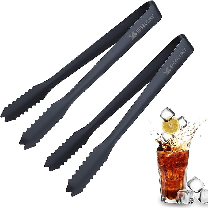 MSY BIGSUNNY 7 Inch Ice Tongs for Ice Bucket, Thickened Stainless Steel Small Serving Tongs, Mirror Polished Metal Tongs (Set of 2, Black)