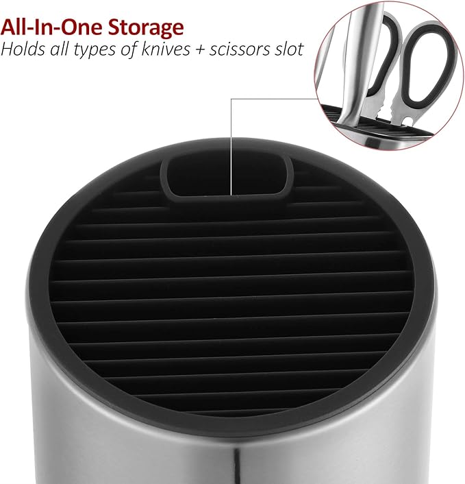 Universal Knife Block, Stainless Steel Round Knife Holder with Scissors-Slot, Counter-top Storage, Holds 12 8.5”-Blade Knives, 9” by 4.5” (knives not included)
